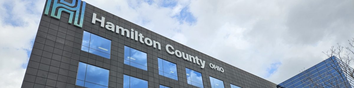 Hamilton County Ohio office building with a modern exterior and large windows, housing several county offices, including public health on the 5th floor.