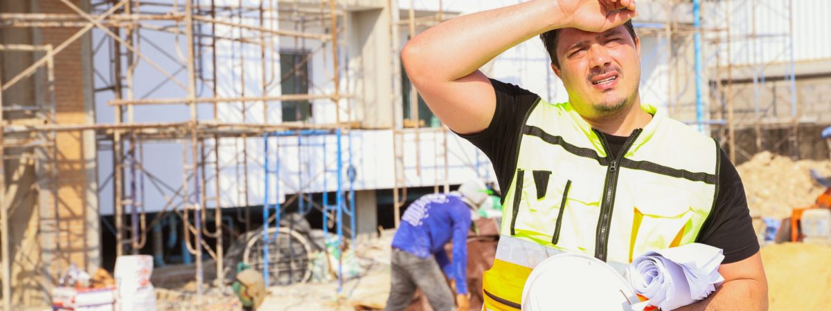 A construction worker wipes sweat from forehead.